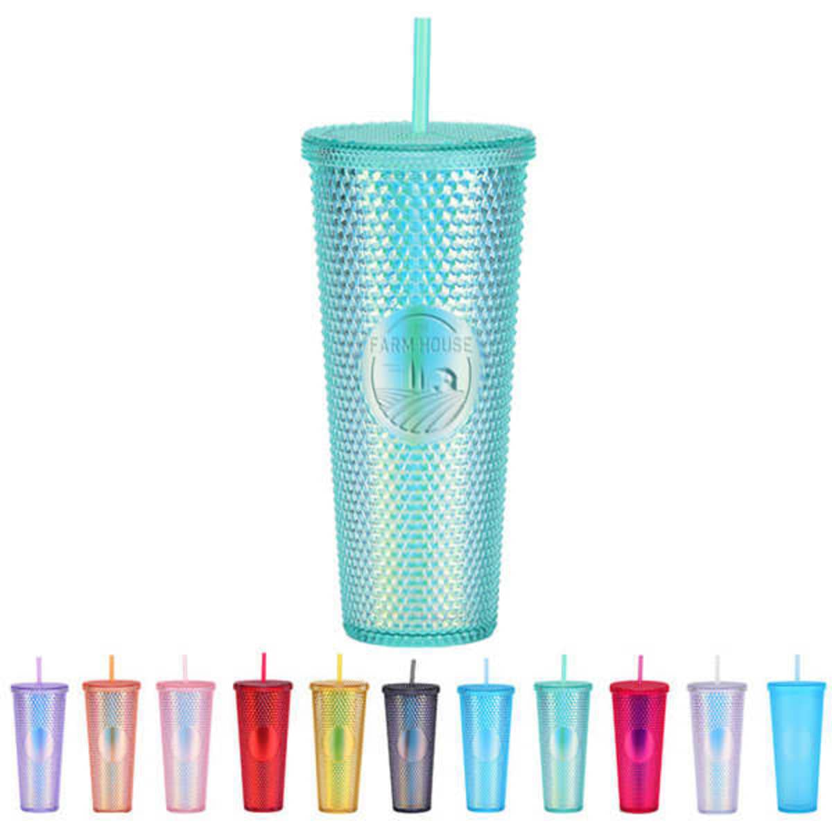 A drink bottle with a studded design in aqua blue, featuring a straw and a logo. Various coloured tumblers are arranged below.
