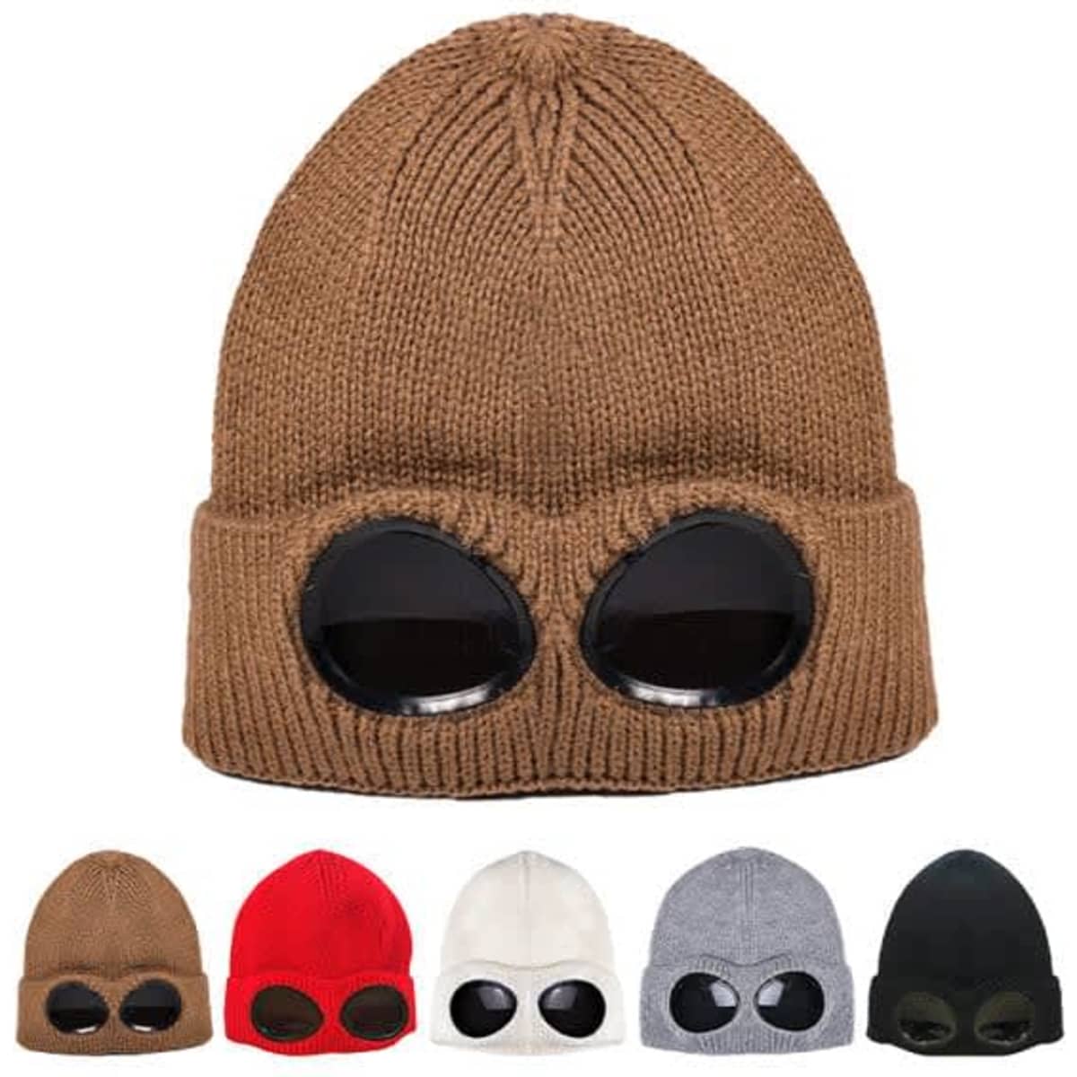 A wool beanie in brown featuring black goggles, displayed with options in red, white, grey, and black.