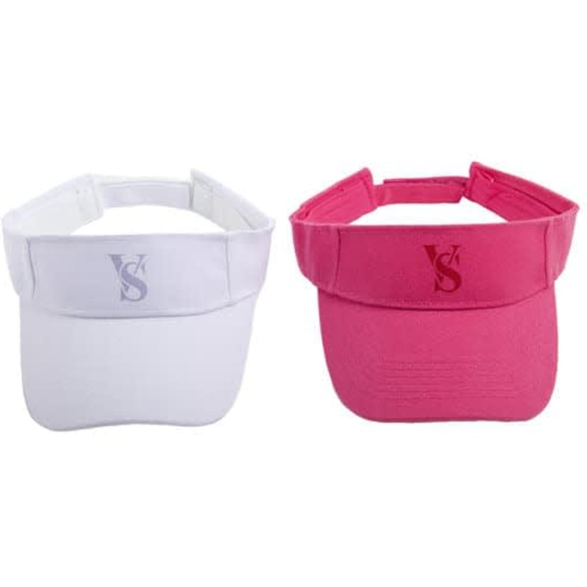 A white and a pink adjustable sun visor hat, featuring a logo on the front of each.