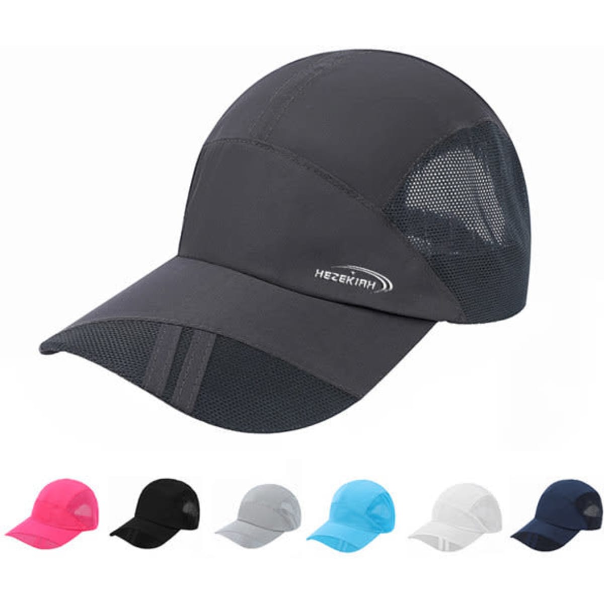 A breathable, quick-drying baseball cap in grey with mesh panels and various other colour options displayed below.