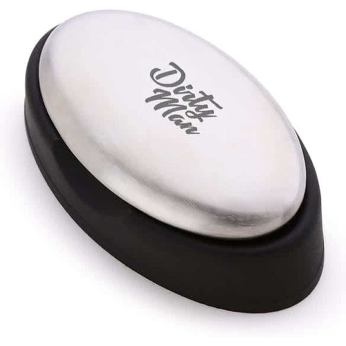 A stainless steel soap with a black base, featuring a logo on the top. The design is oval-shaped.
