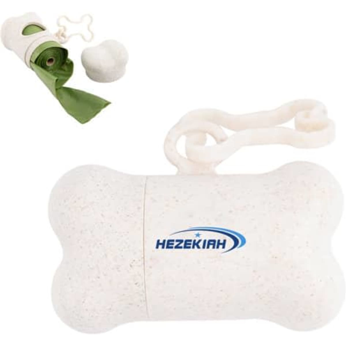 A bone-shaped dog poop bag holder in cream colour, with a logo and a roll of green bags inside.
