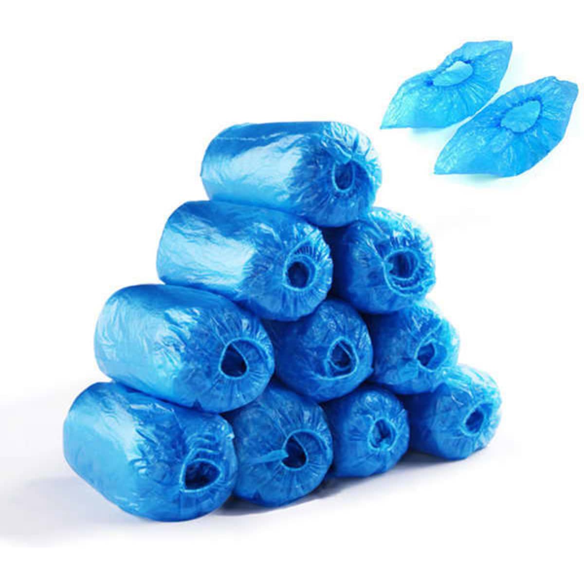 A stack of blue disposable PE shoe covers, neatly arranged and featuring a shiny, smooth finish.