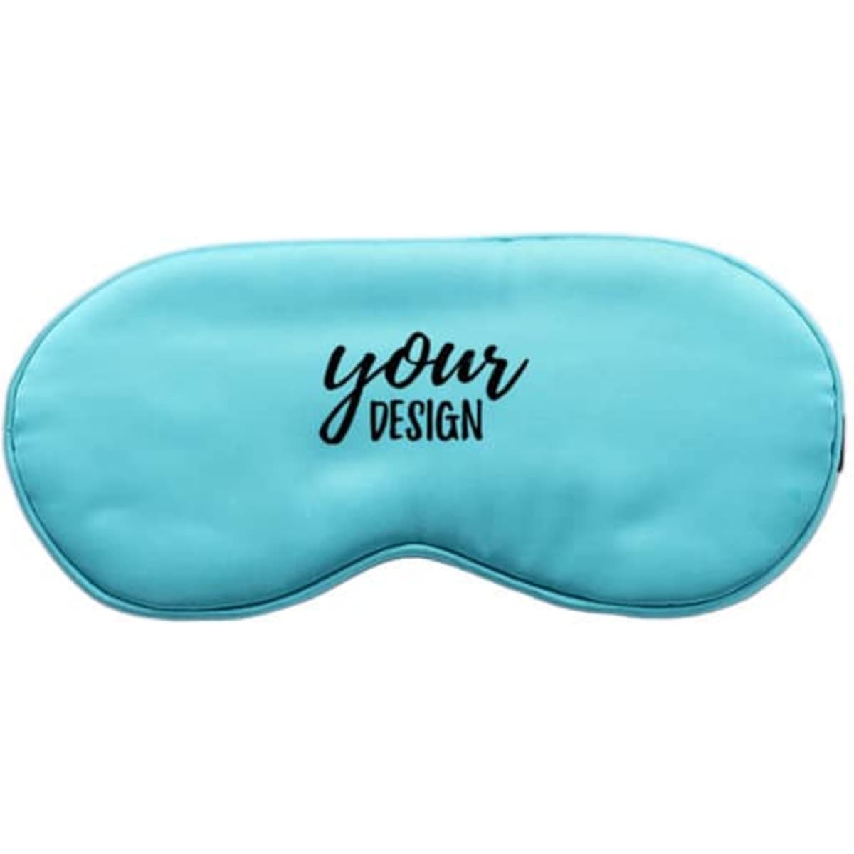 A satin sleep eye mask in light blue, featuring a decorative text design in a playful font.