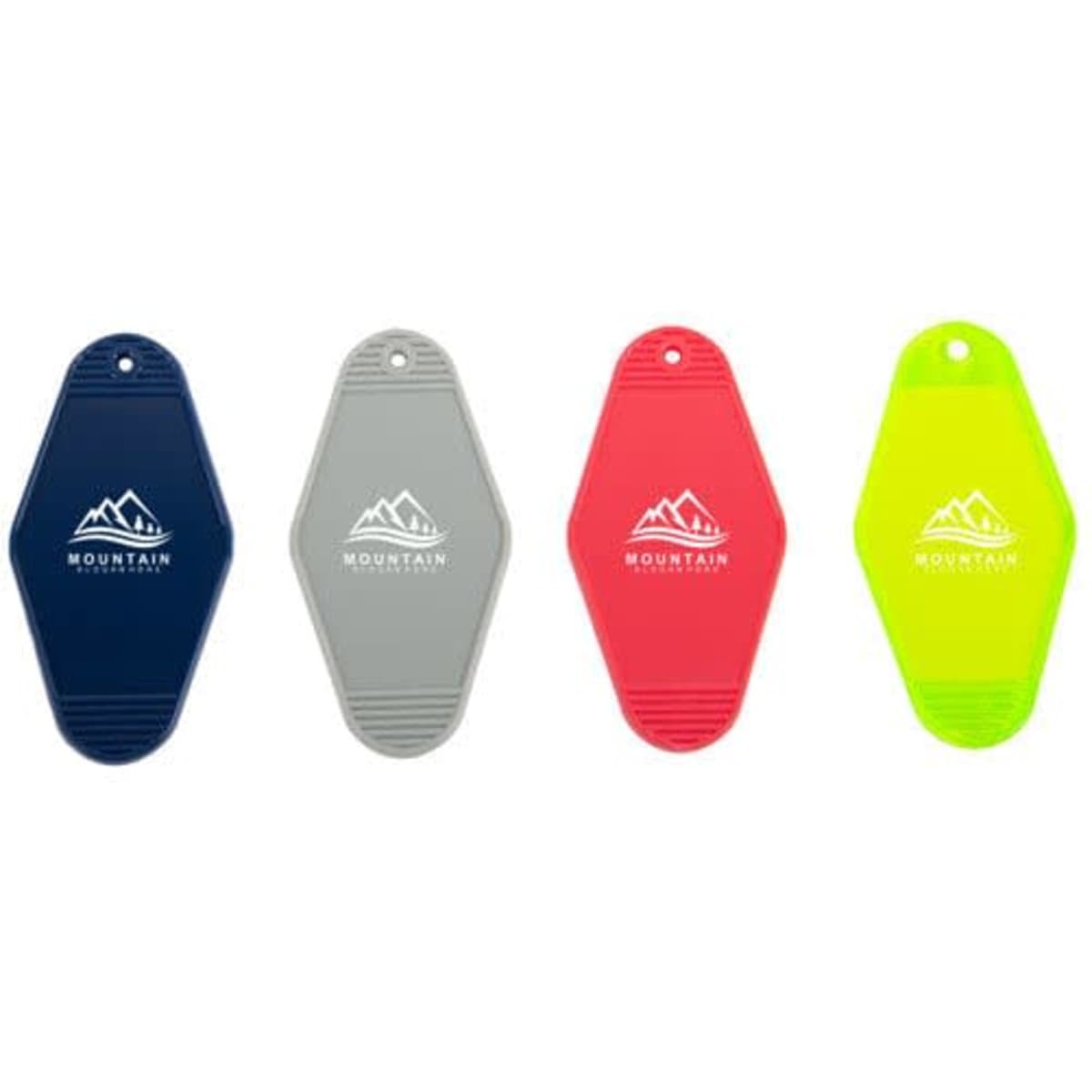 A set of four vintage motel key tags in navy, grey, pink, and neon yellow, each featuring a logo.