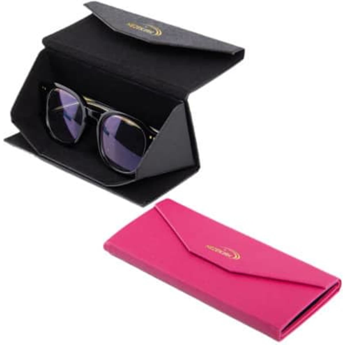 A pink and black triangular folding glasses case with sunglasses inside, featuring a logo on the exterior.