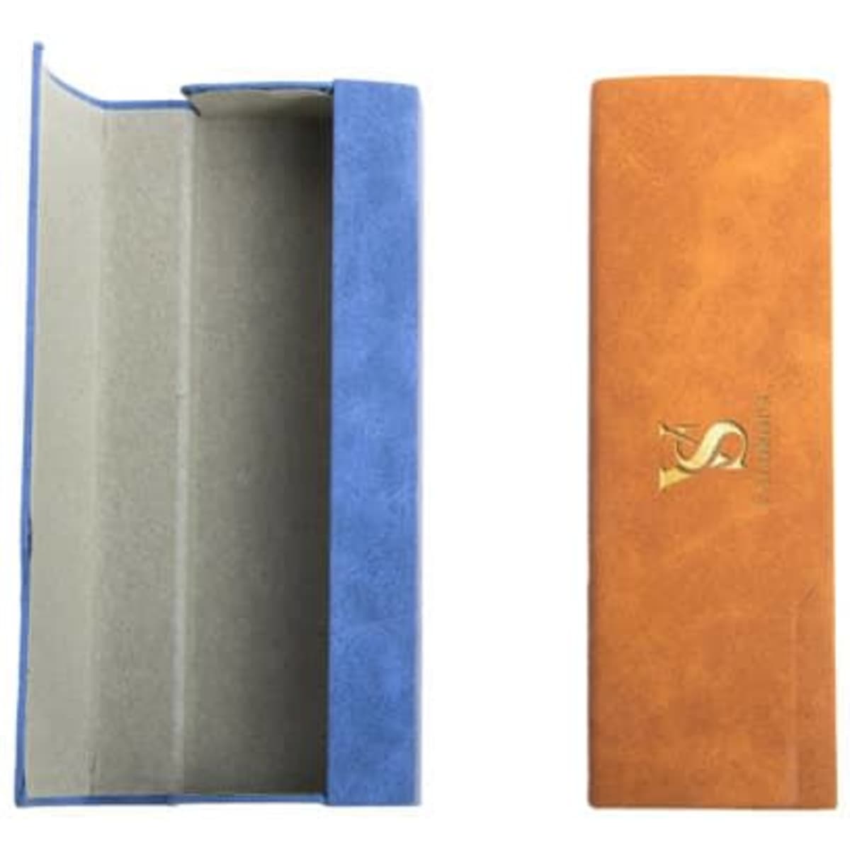 A PU leather eyeglass case featuring a blue and tan design, with a logo present on one side.