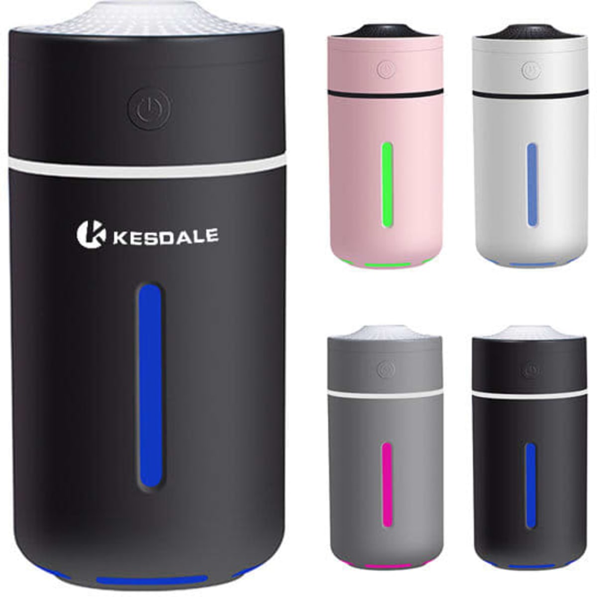 A set of five rechargeable car humidifier aromatherapy diffusers in black, pink, white, grey, and a light purple finish.