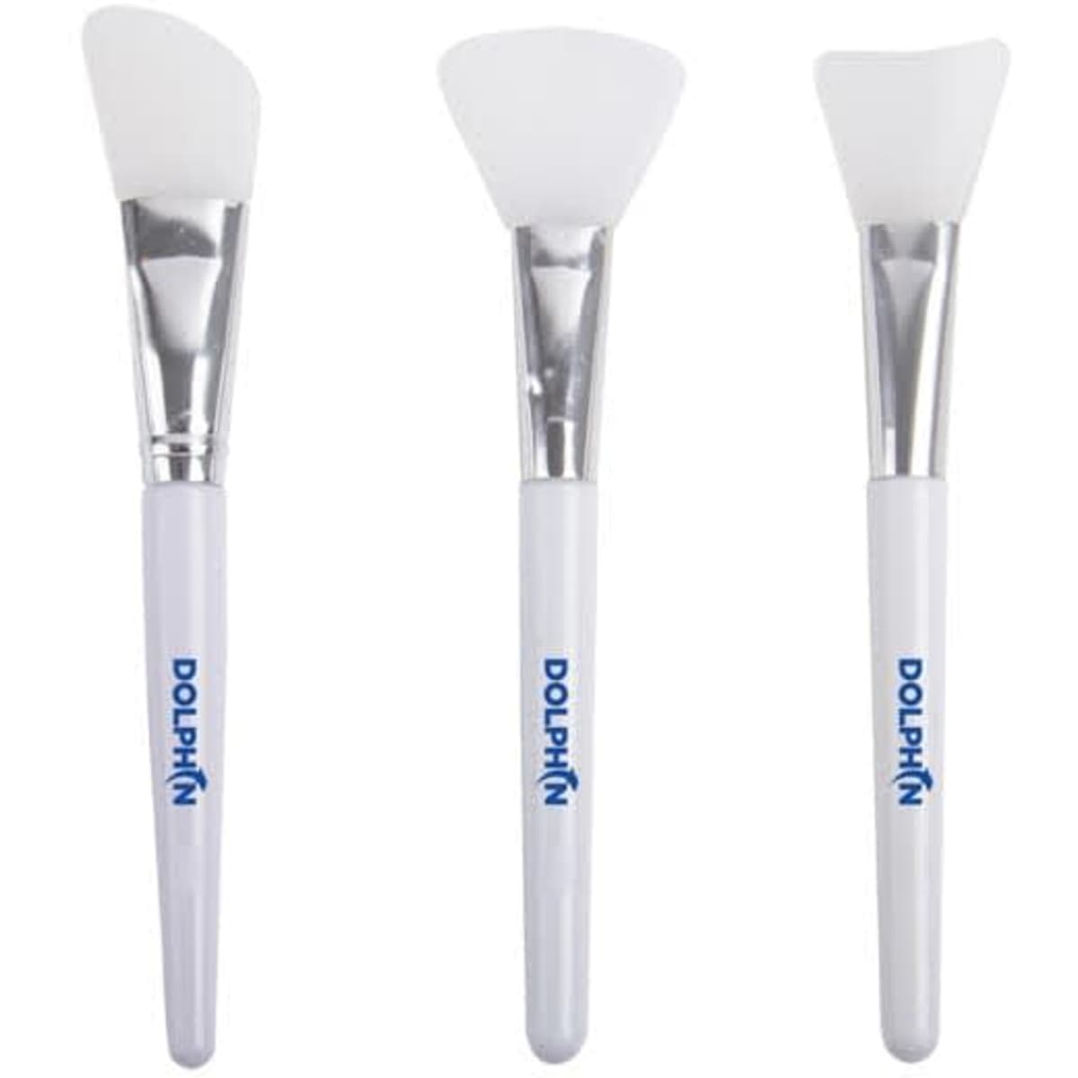 Three silicone face mask brushes with white handles and silver ferrules, featuring a logo on each handle.