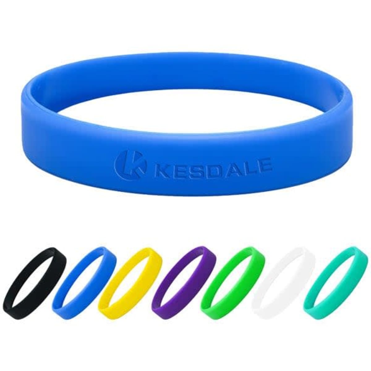 A blue silicone sport wristband with a logo, surrounded by wristbands in black, yellow, purple, white, green, and teal.