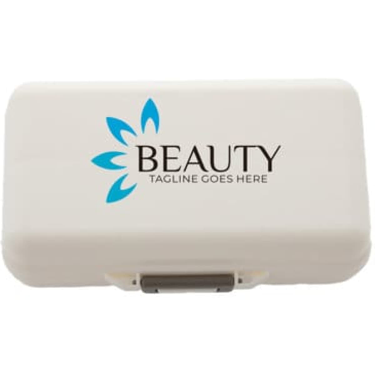 A compact white pill case with a logo on the lid, featuring a blue flower design.