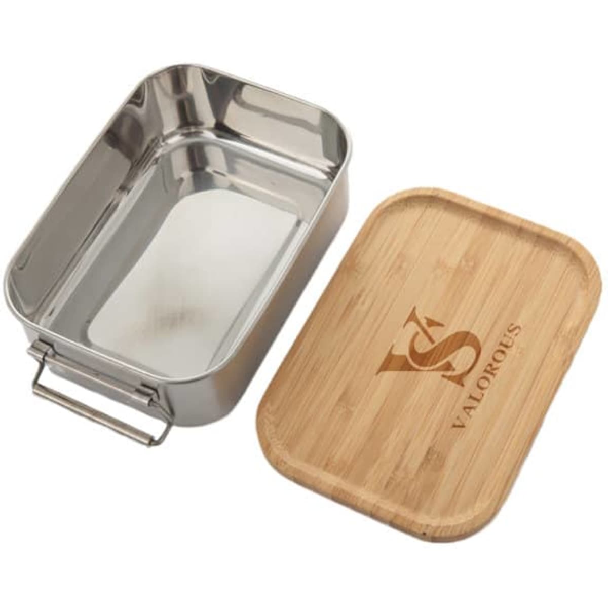 A stainless steel lunch box with a bamboo lid, featuring a logo, in silver and natural wood tones.