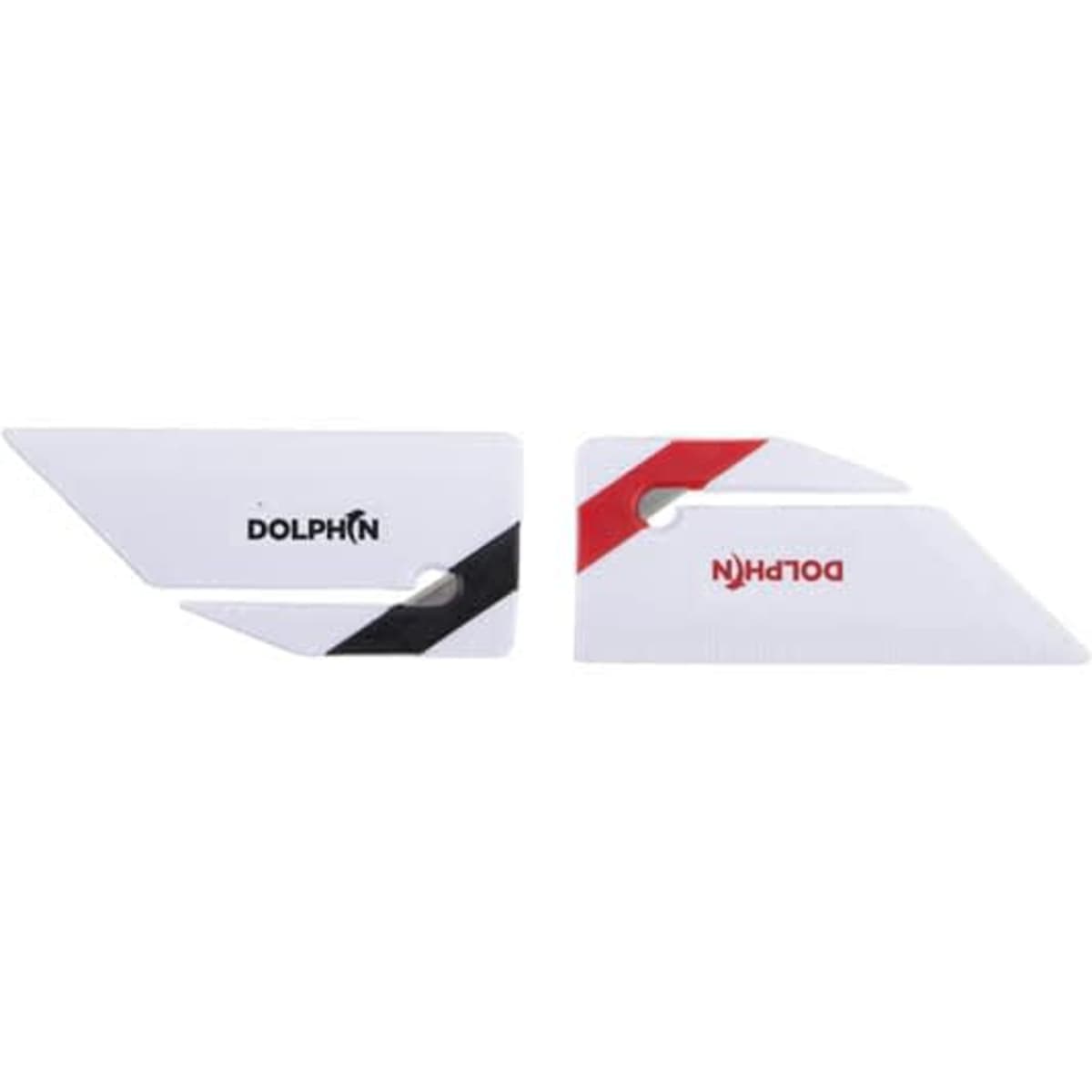 A custom printed letter slitter in white with black and red accents, featuring branding.