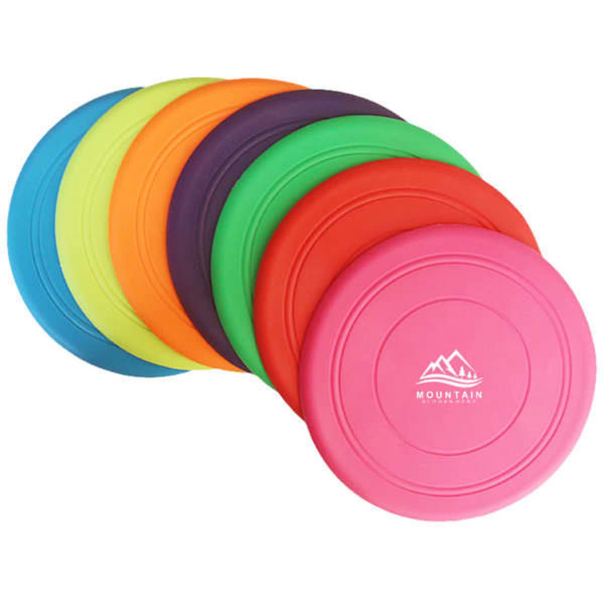 A set of brightly coloured rubber dog frisbees in pink, green, orange, purple, blue, and red, featuring a logo.