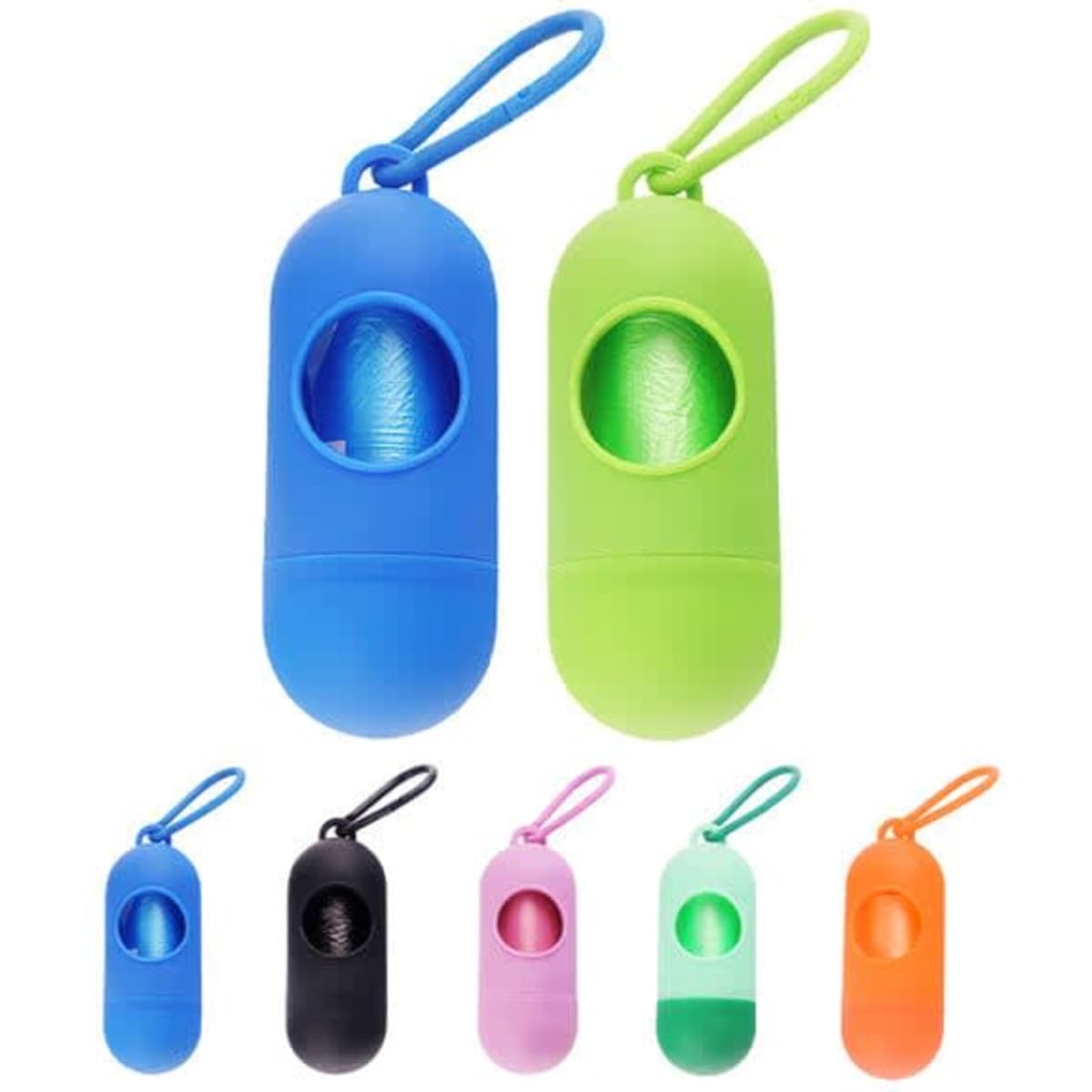 Pill-shaped dog poop bag dispensers in blue, green, black, pink, mint, and orange, featuring a loop for attachment.
