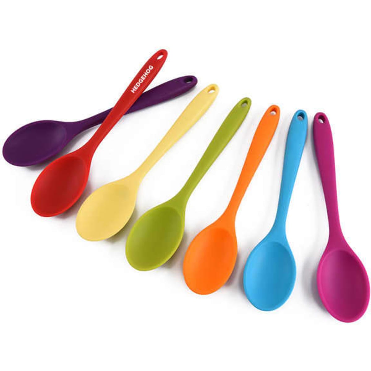 A set of seven heat-resistant silicone spoons in various colours: purple, red, yellow, green, orange, blue, and pink.