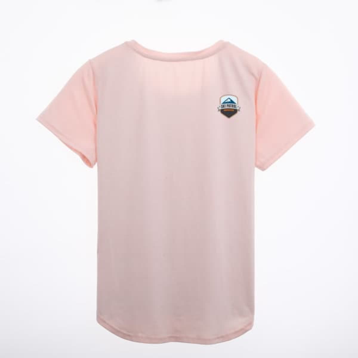 A pink custom cotton short sleeve T-shirt featuring a small logo on the upper left side.