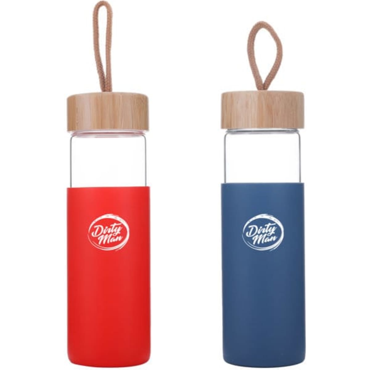 A drink bottle set featuring a red and a blue 17 oz. glass bottle, both with bamboo lids and branding.