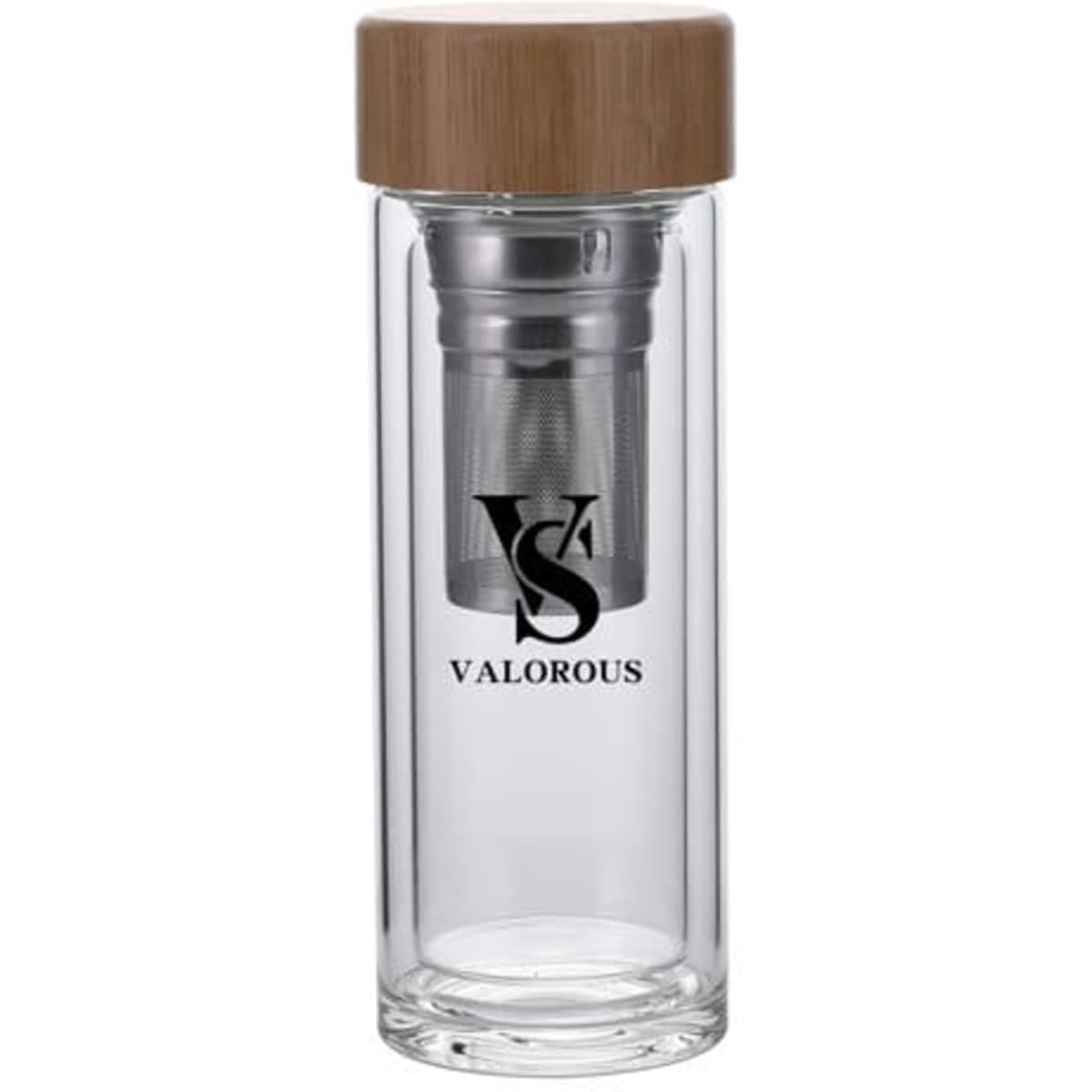 A drink bottle featuring a clear double-layer glass design, a bamboo lid, and a stainless steel infuser.