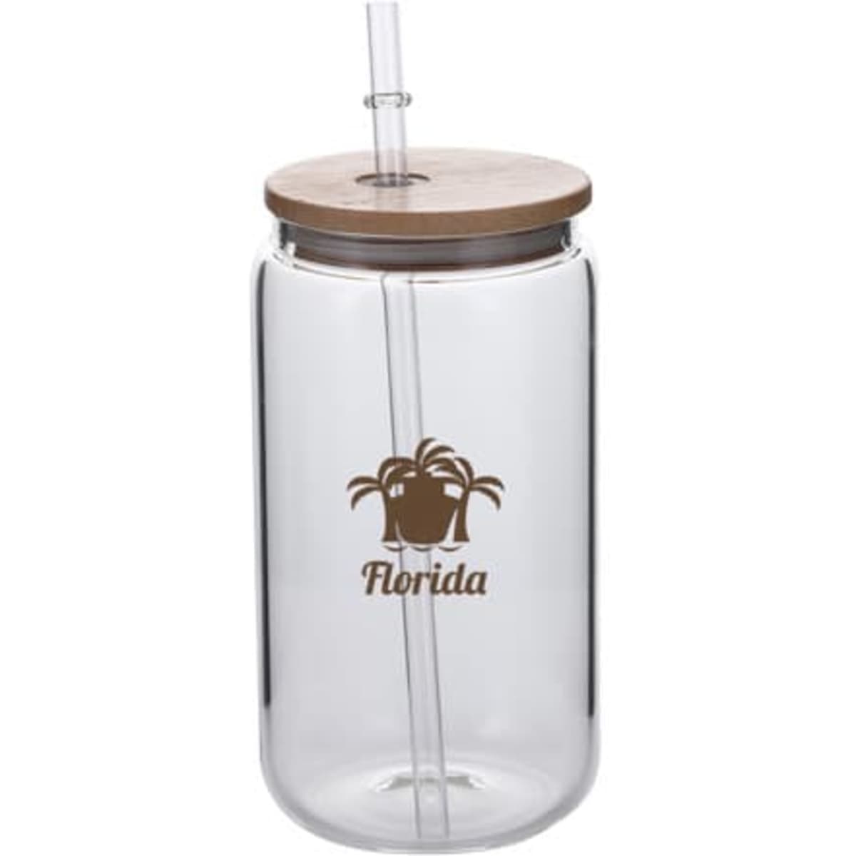 A drink bottle with a clear glass body, wooden lid, and straw, featuring a logo.