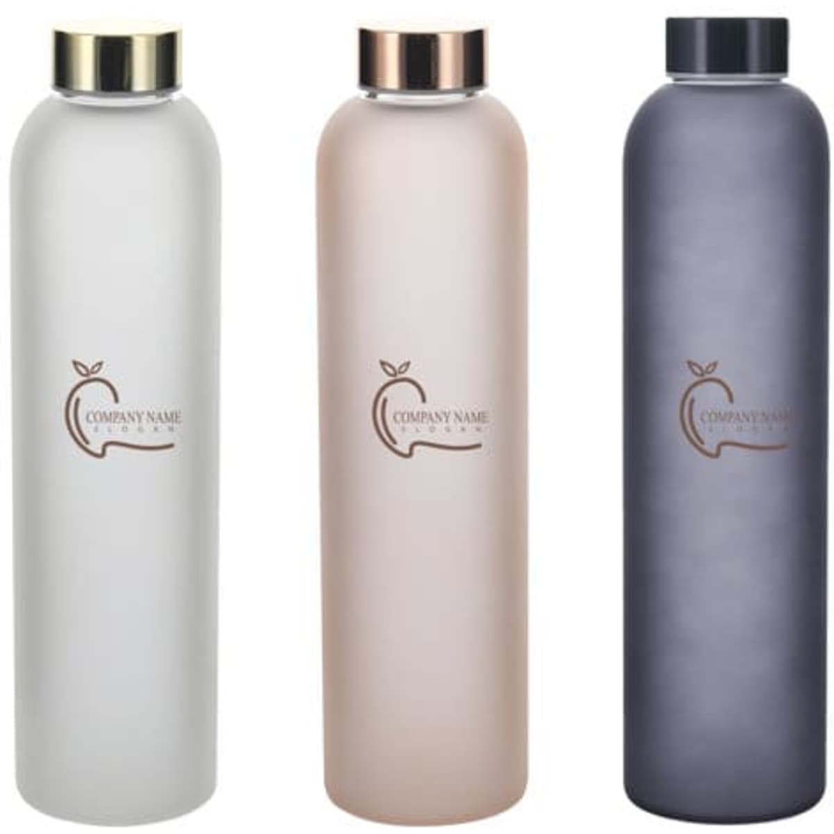 A drink bottle set featuring three frosted glass water bottles in white, pink, and grey, each with a logo.