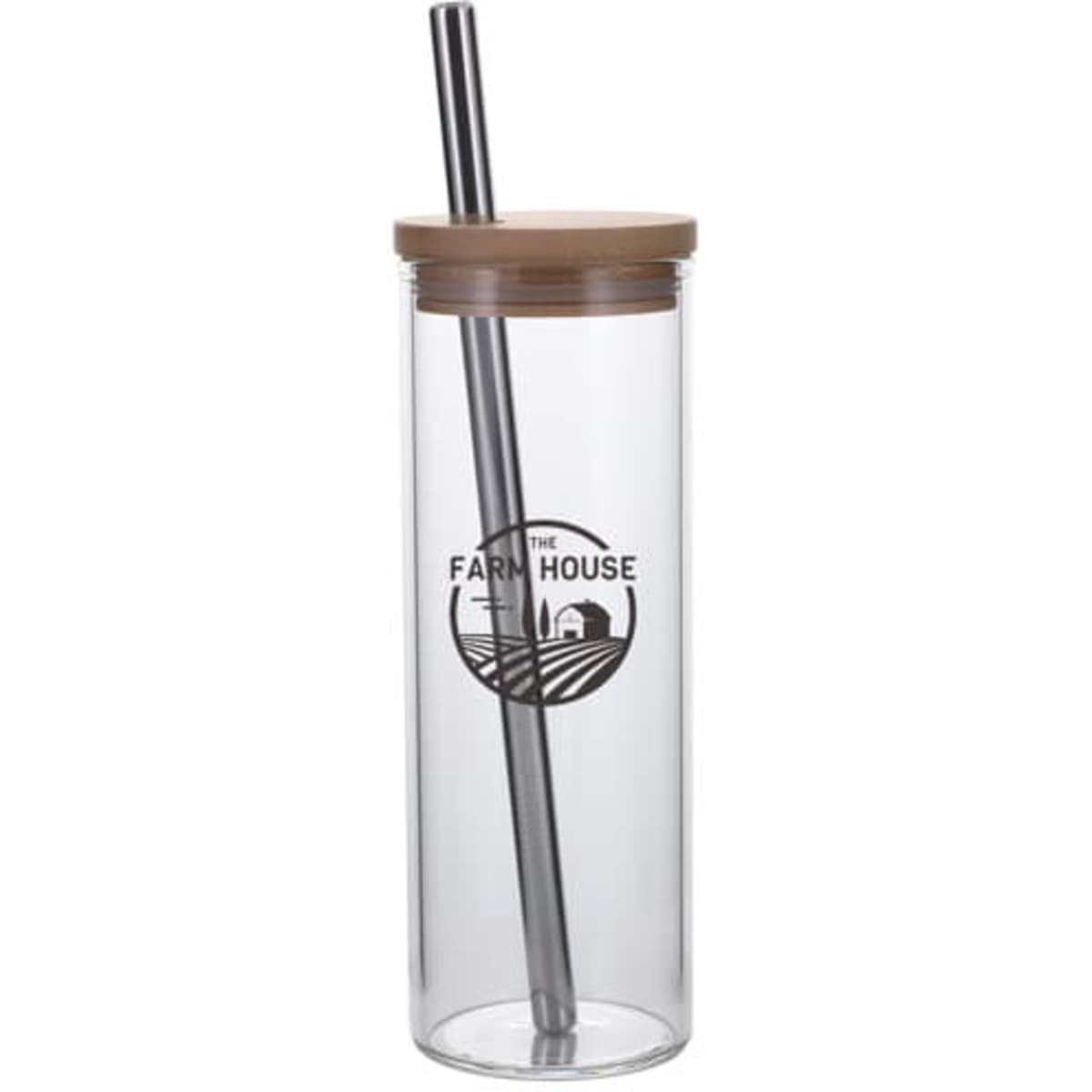 A drink bottle featuring a clear glass tumbler with a bamboo lid and a metal straw, displaying a logo.