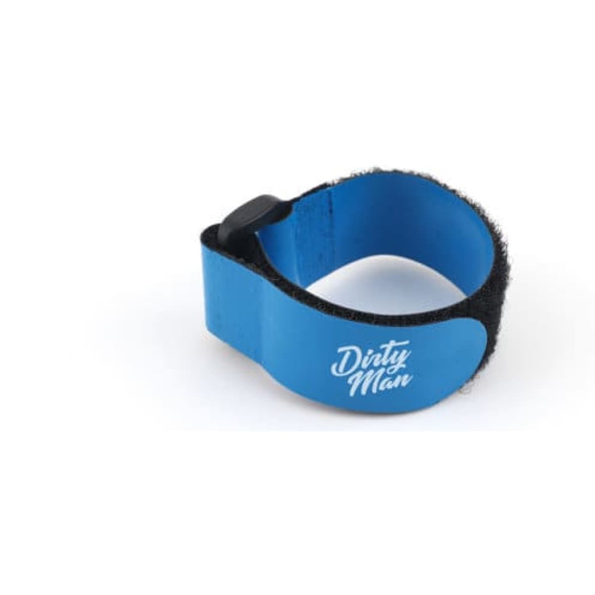 An adjustable blue and black fixing strap featuring a logo, designed for bicycles.