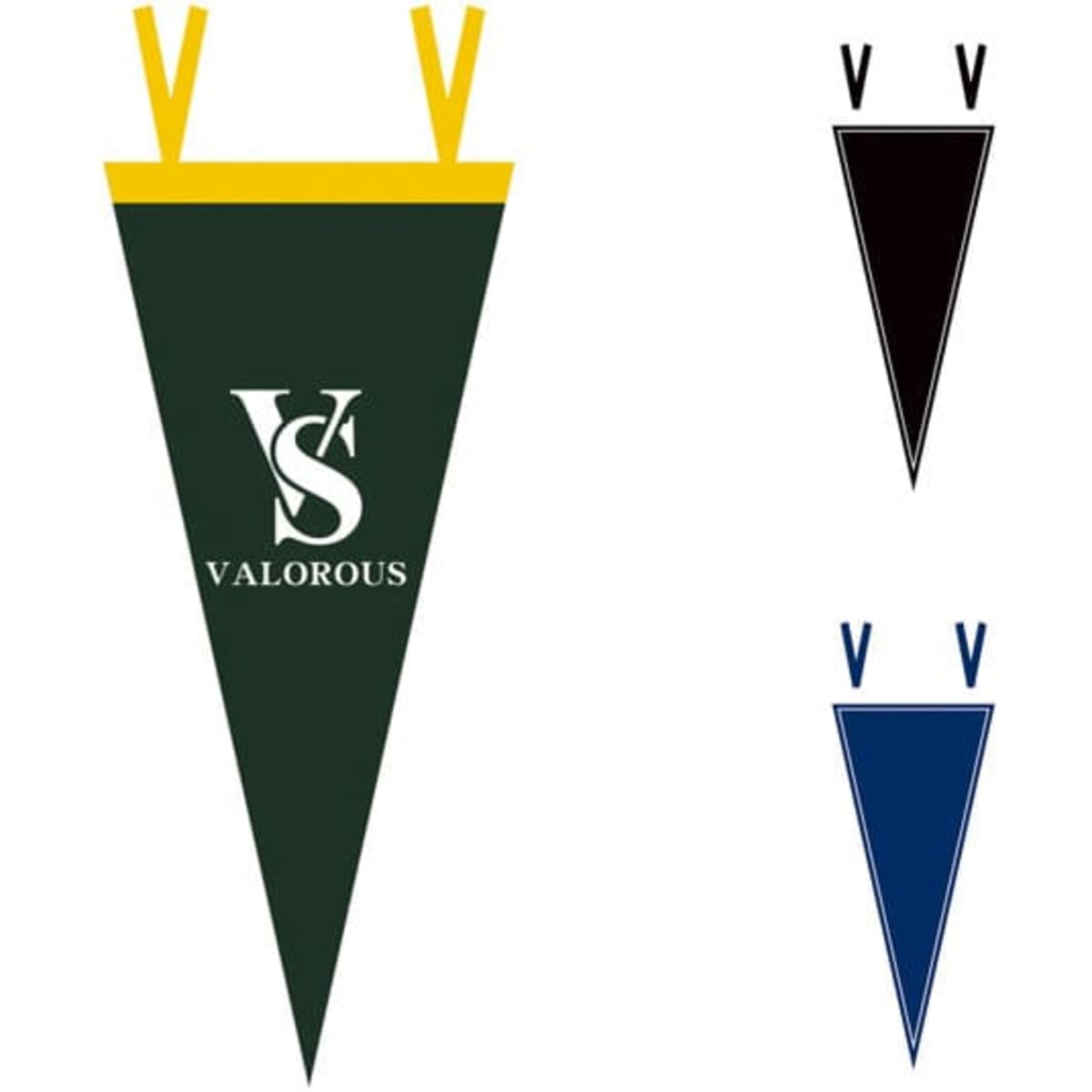 A felt pennant flag in green with yellow accents and a logo, alongside black and blue variants.
