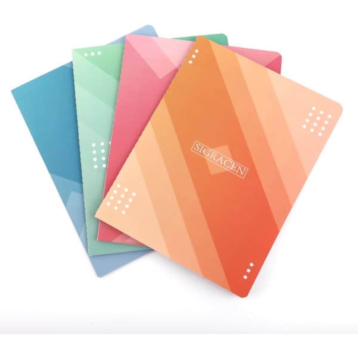 Four softcover notebooks in varying colours: blue, green, pink, and orange with a geometric design and branding.