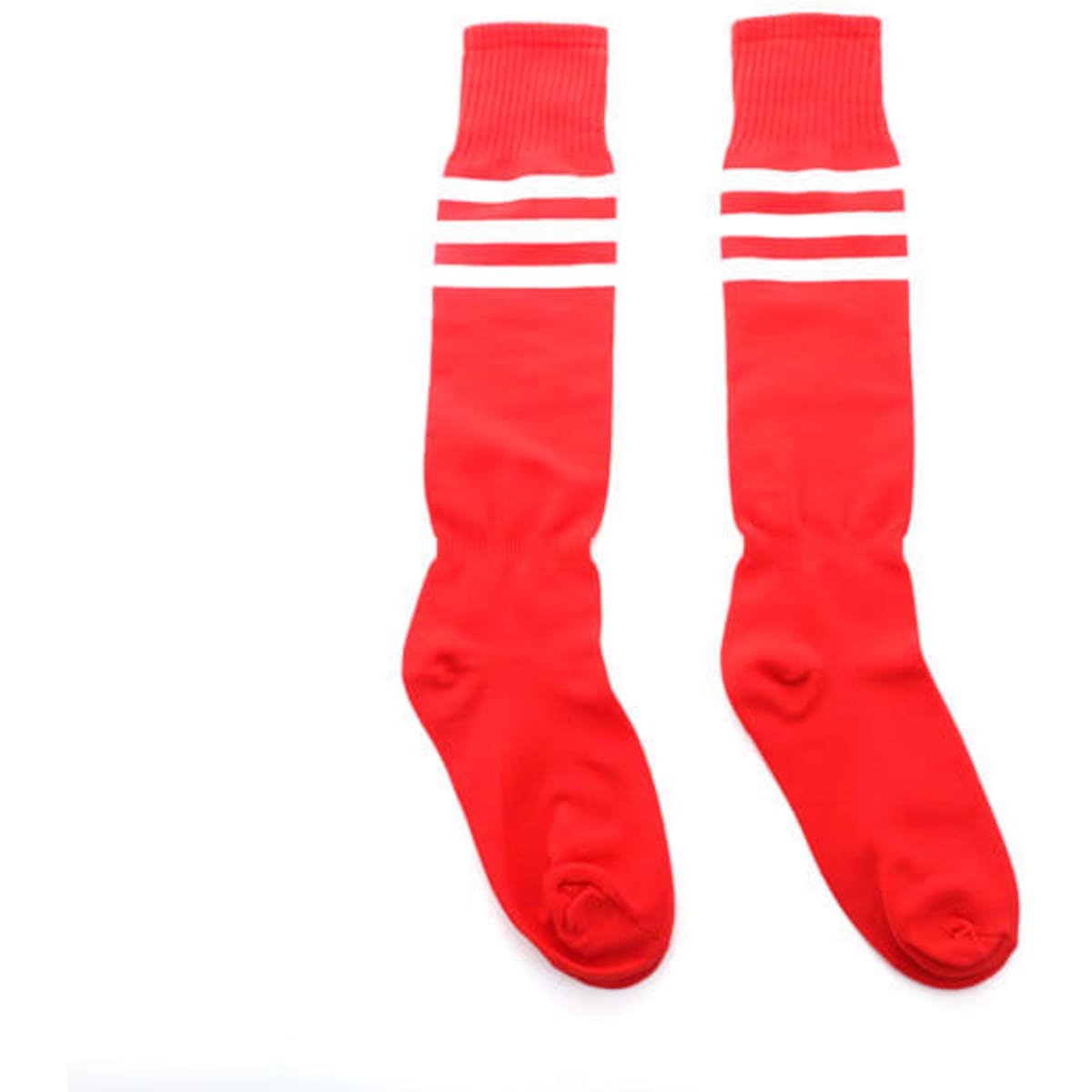 Red football socks with white stripes and a logo, designed for sports uniforms.