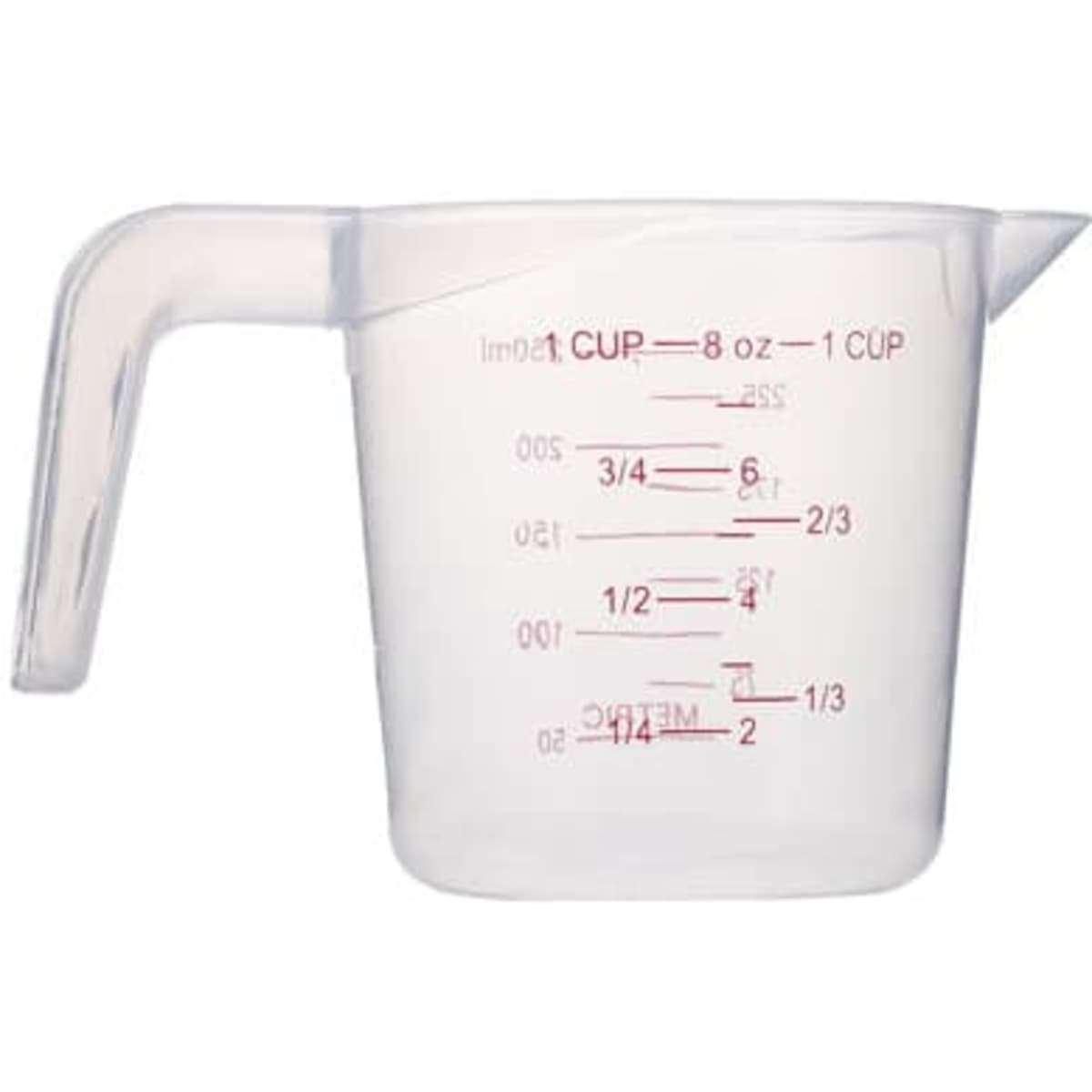 A clear plastic measuring cup with markings for measurements, holding 8 oz, features a spout and a handle.