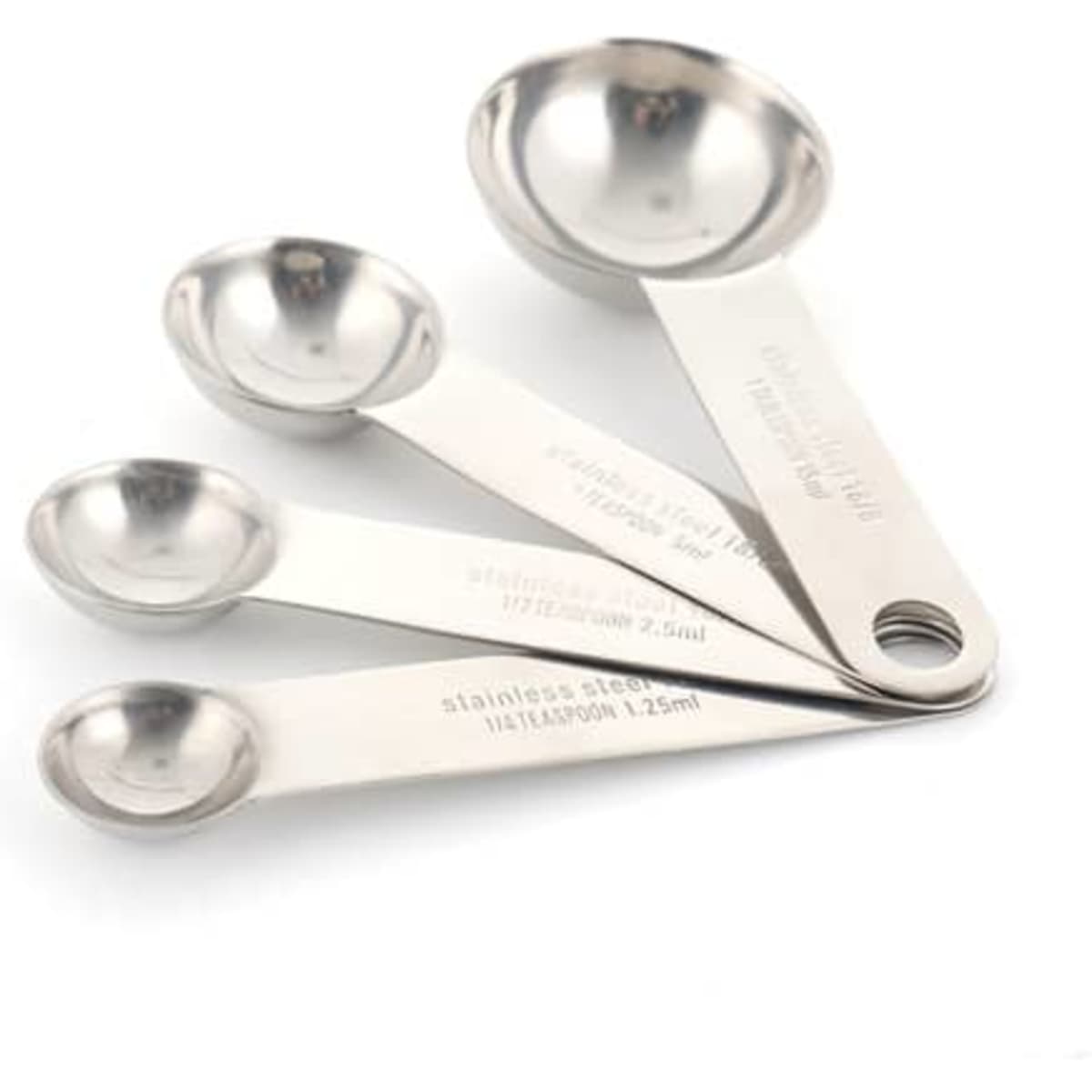 A set of four stainless steel measuring spoons in silver, featuring various sizes and a logo on the handle.