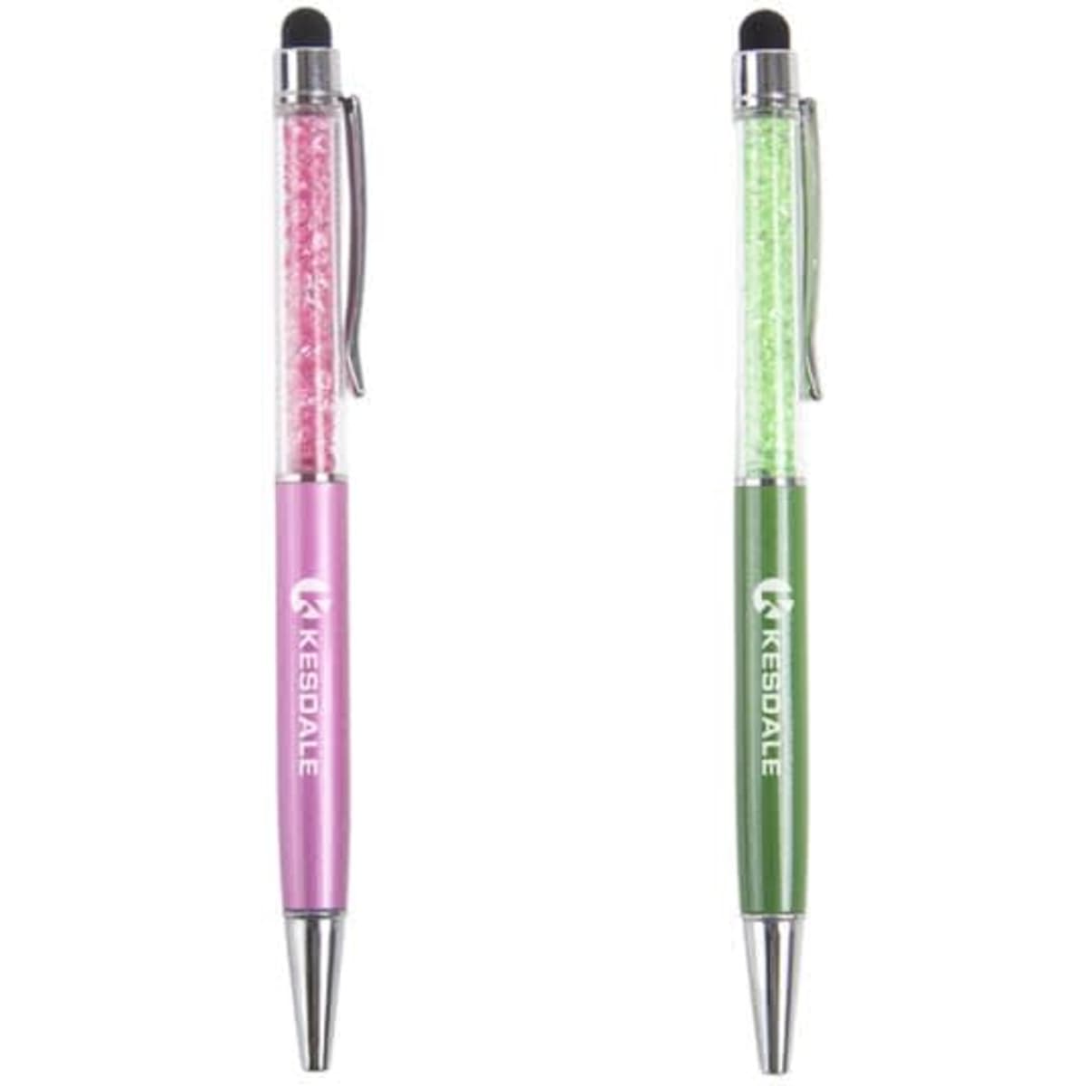 A pink and a green stylus pen with crystal-like embellishments and a logo on the barrel.
