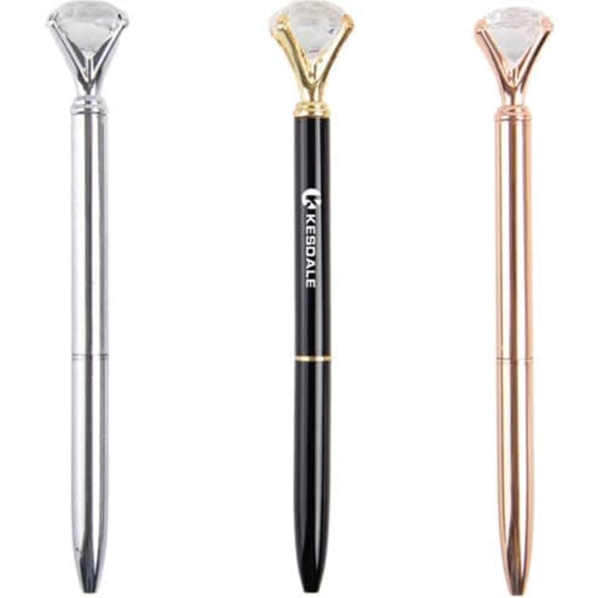 A set of three personalised metal ballpoint pens with diamond-shaped tops in silver, black, and rose gold finishes.