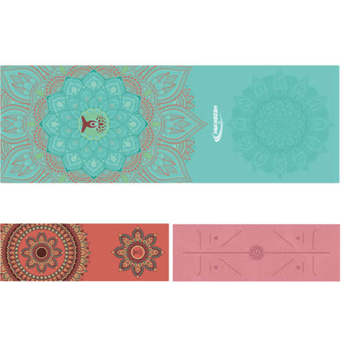 A turquoise and coral microfiber yoga mat towel featuring intricate mandala designs and a logo.