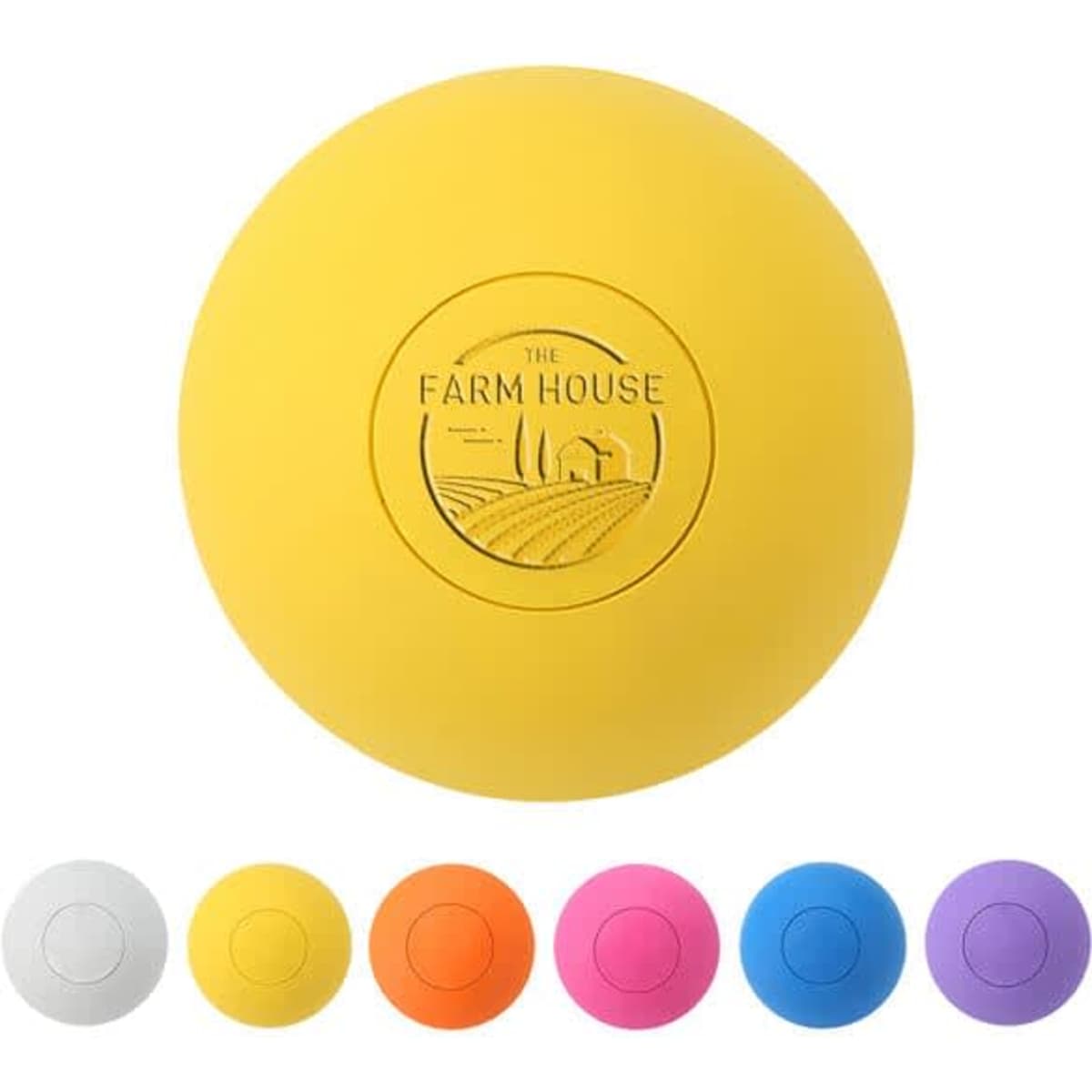 A yellow massage ball with a textured surface and a logo, surrounded by additional colourful options in various shades.
