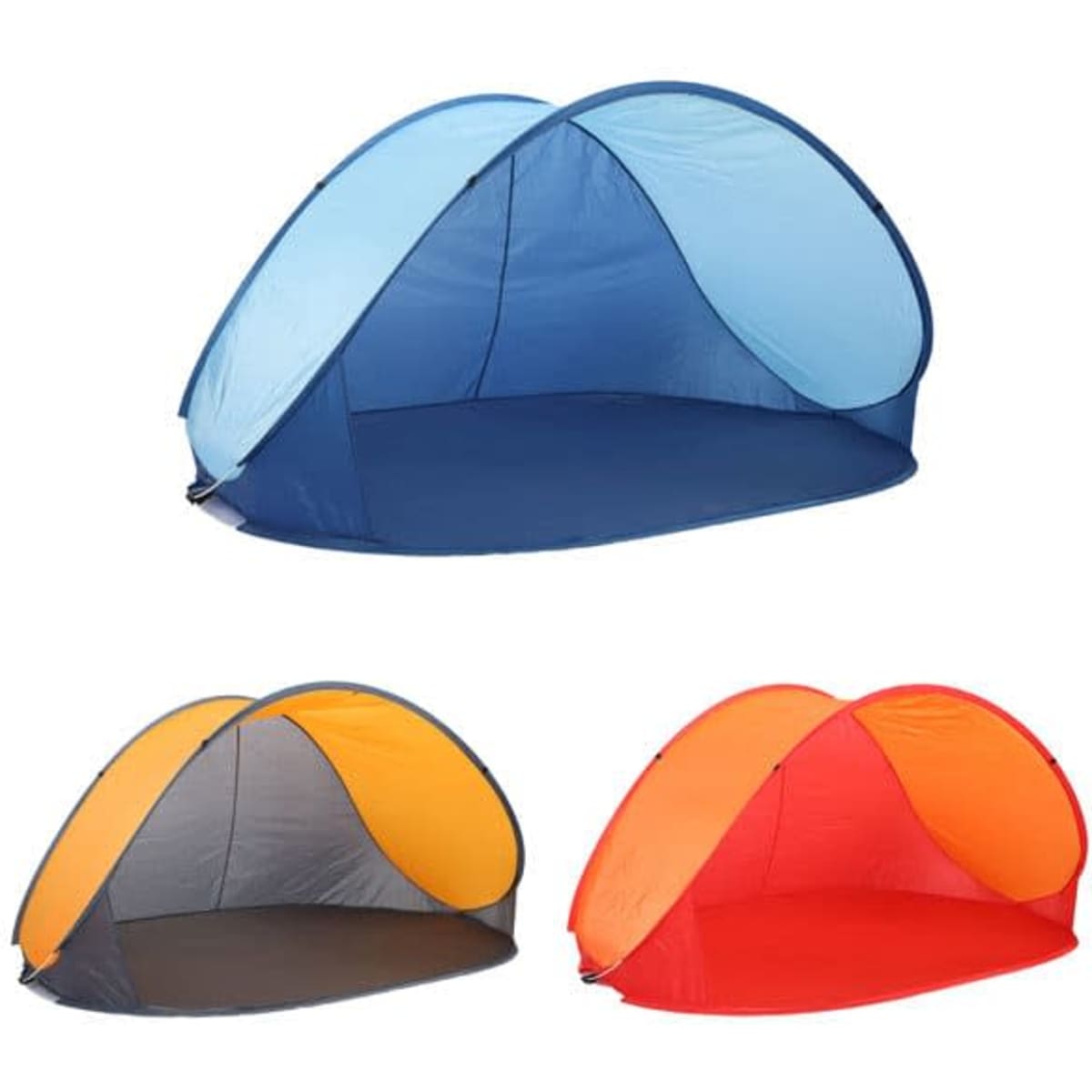 Three foldable pop-up beach tents in blue, orange, and red. Each tent features a lightweight, open design.
