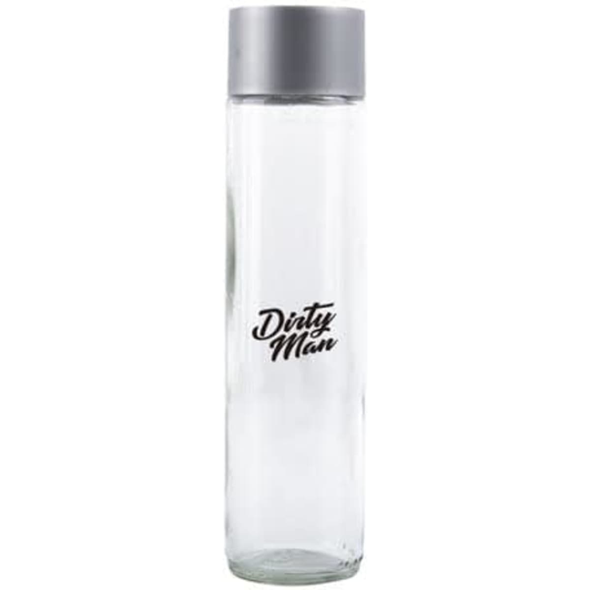 A drink bottle featuring a transparent glass design with a silver lid and a logo on the front.