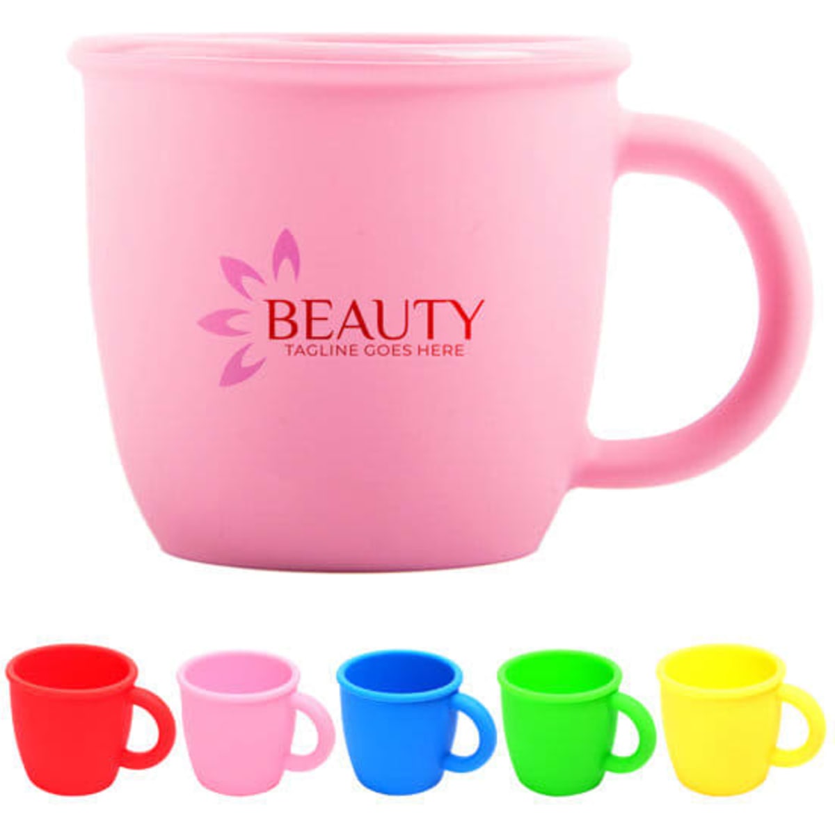 A drink bottle in pink with a handle, alongside tumblers in red, blue, green, and yellow, featuring a logo.