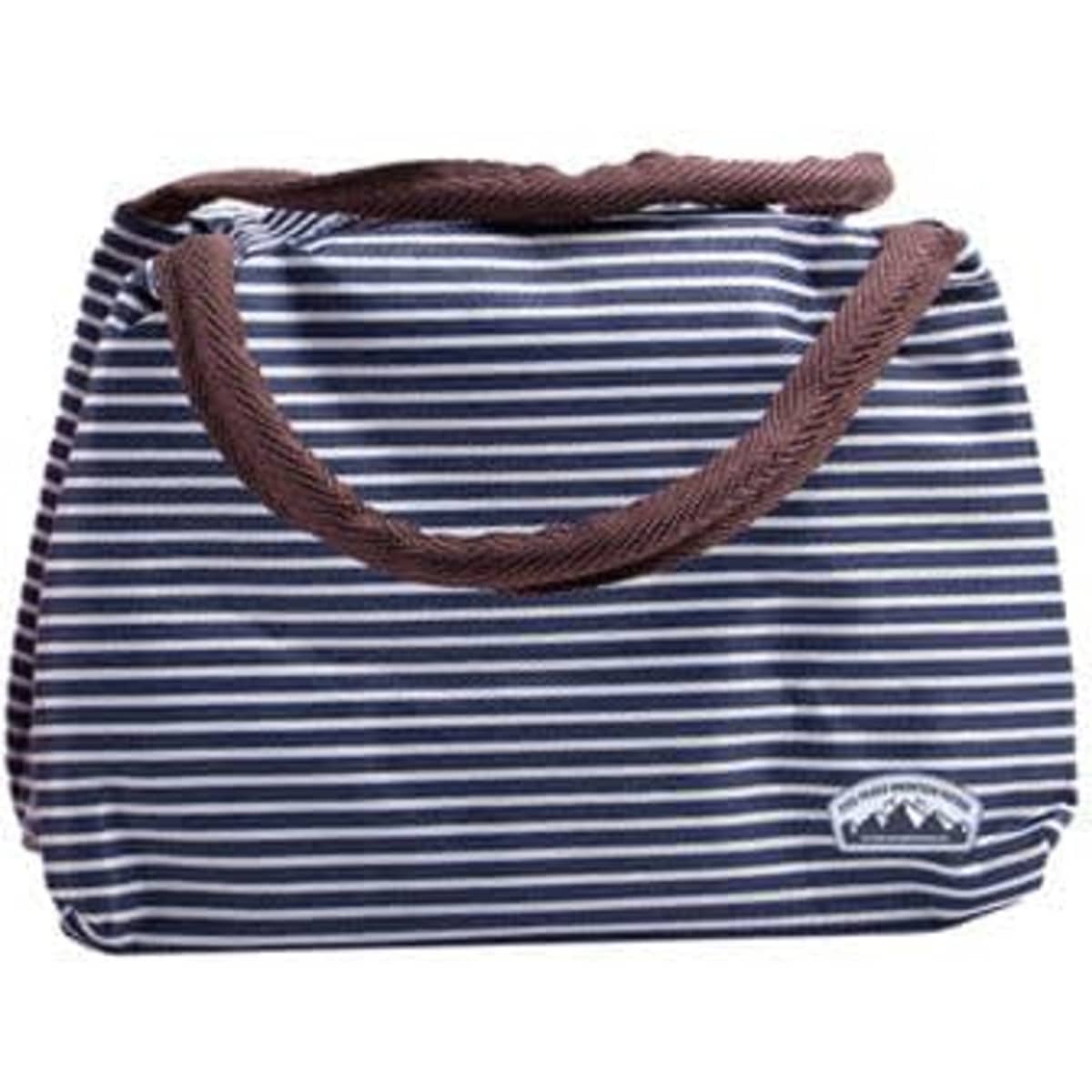 A striped insulated lunch bag in navy blue and white with brown handles and a small logo.