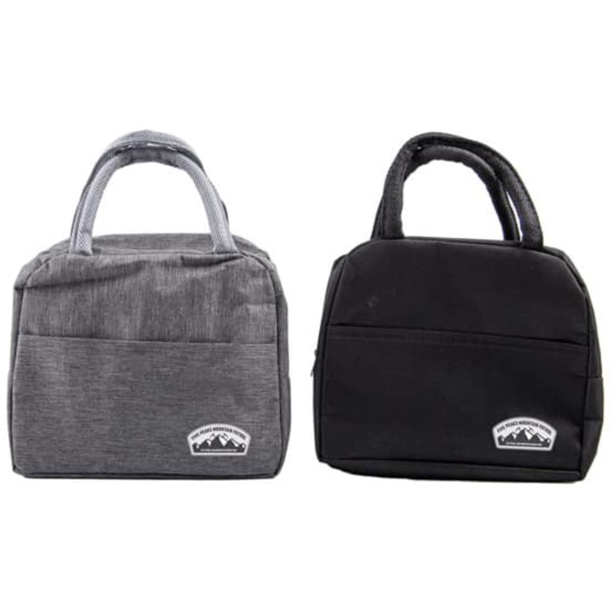 Insulated lunch bags in grey and black, featuring handles and a logo on the front.
