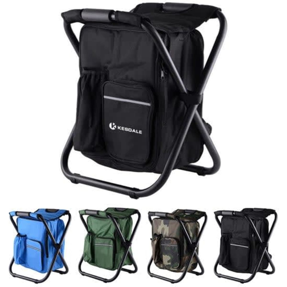 A multifunctional folding stool in black with additional pockets, also available in blue, green, and camo styles.