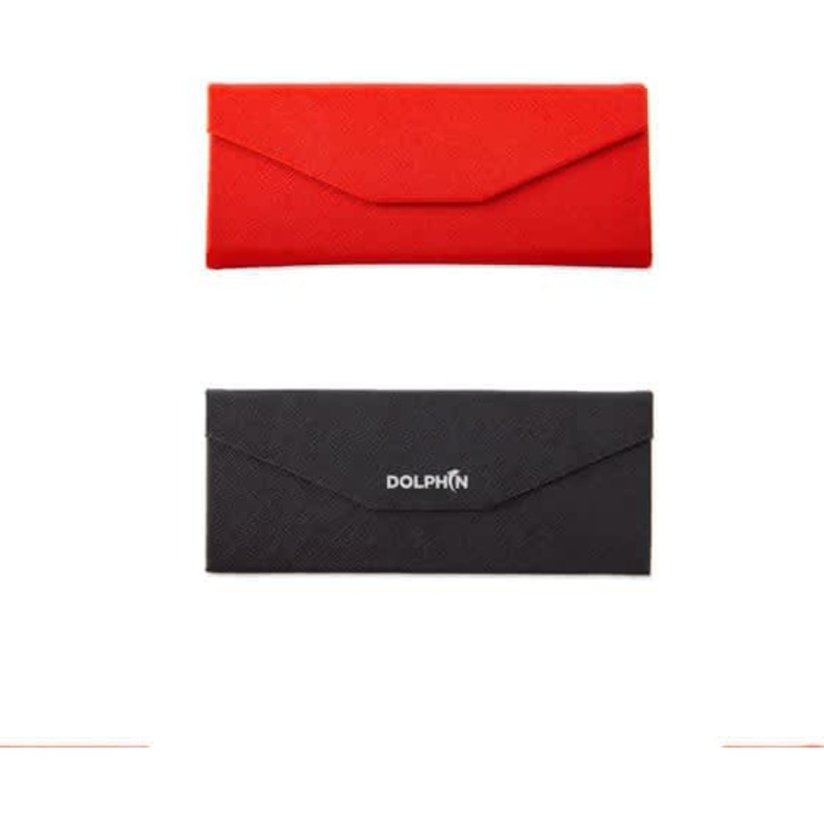 A red and a black foldable glasses case with a logo on the black case, featuring a sleek design.
