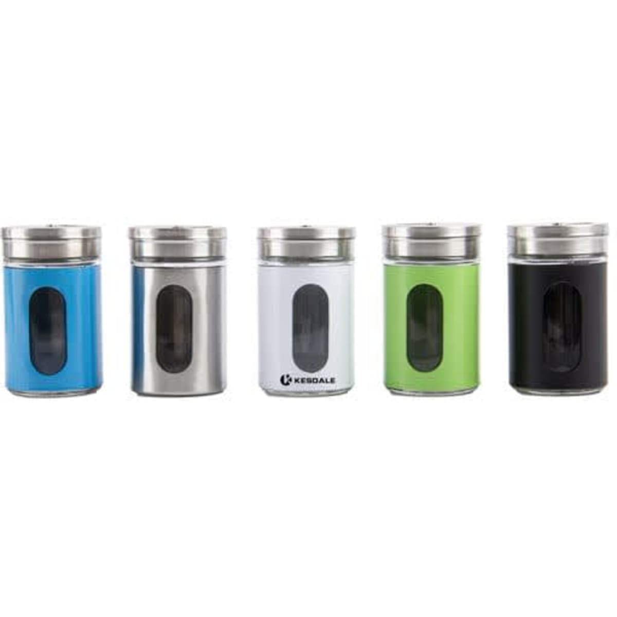A set of stainless steel salt and pepper shakers in blue, stainless steel, white, green, and black, featuring a clear window.