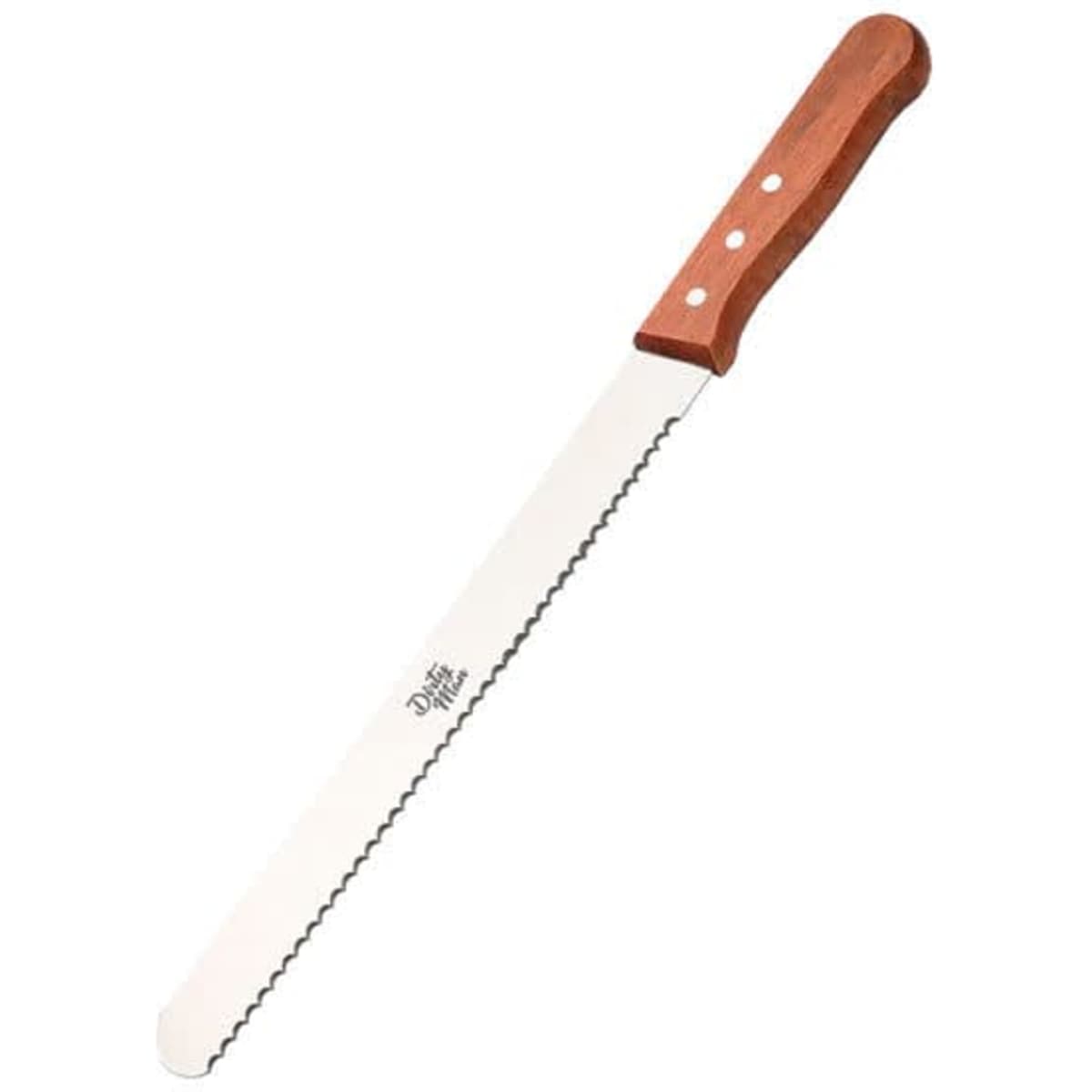 A stainless steel bread knife with a wooden handle and three rivets. It features a serrated blade for slicing.