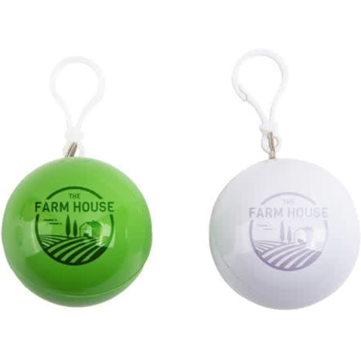 A portable rain poncho in a ball, featuring green and white options, each with a branded logo.