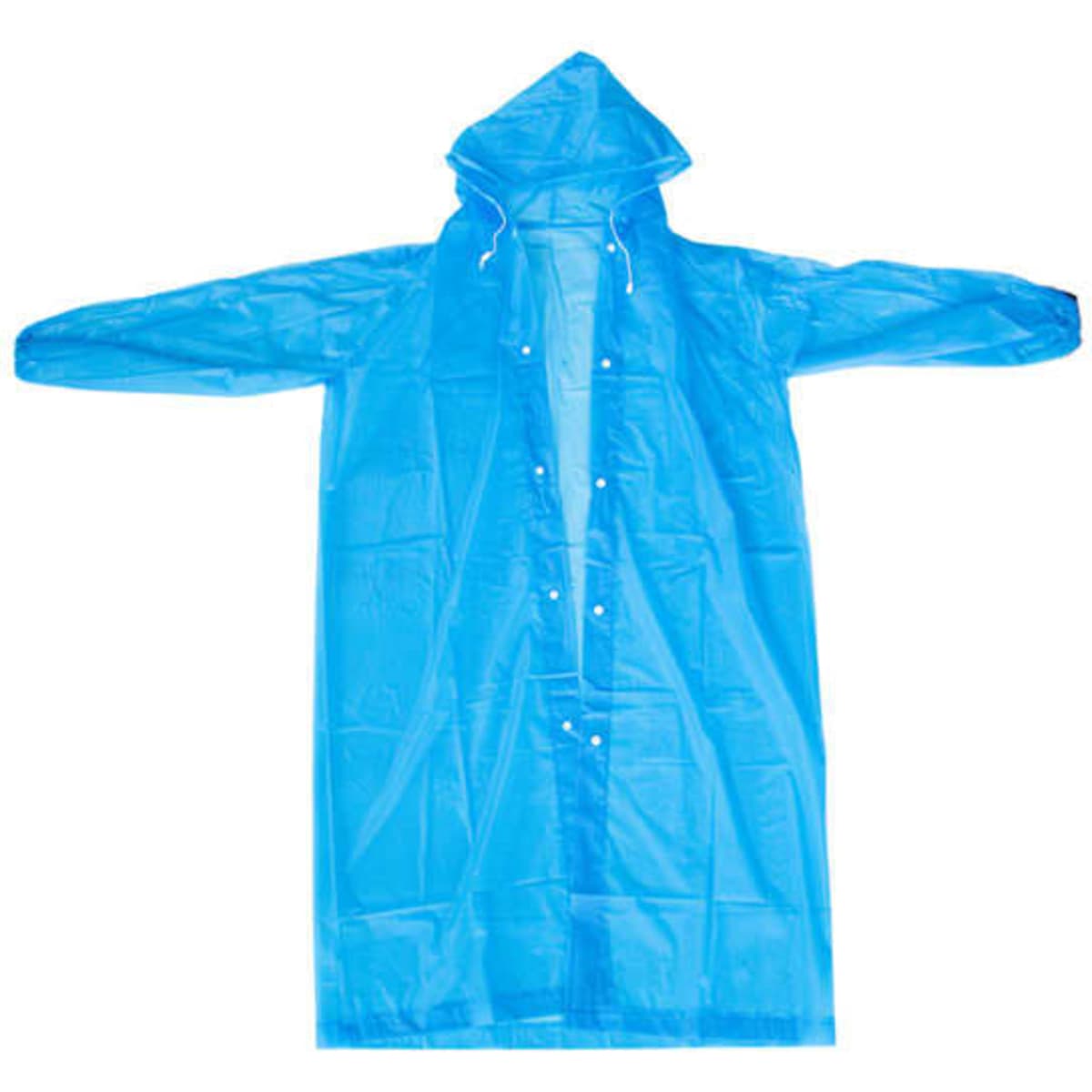A blue reusable raincoat with a hood, featuring long sleeves and a front snap closure. It has a logo on it.