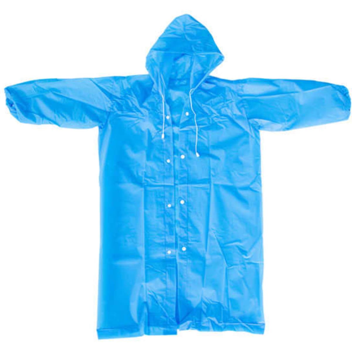A blue custom kids rain poncho with a hood and button front closure, featuring long sleeves.