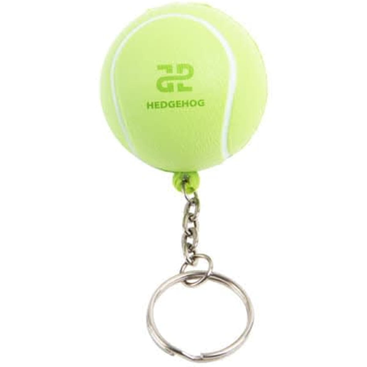 A bright green mini tennis ball keychain attached to a silver keyring, featuring a logo.