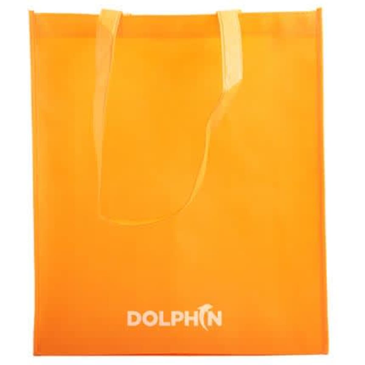 An orange non-woven tote bag with two handles and a logo on the front.